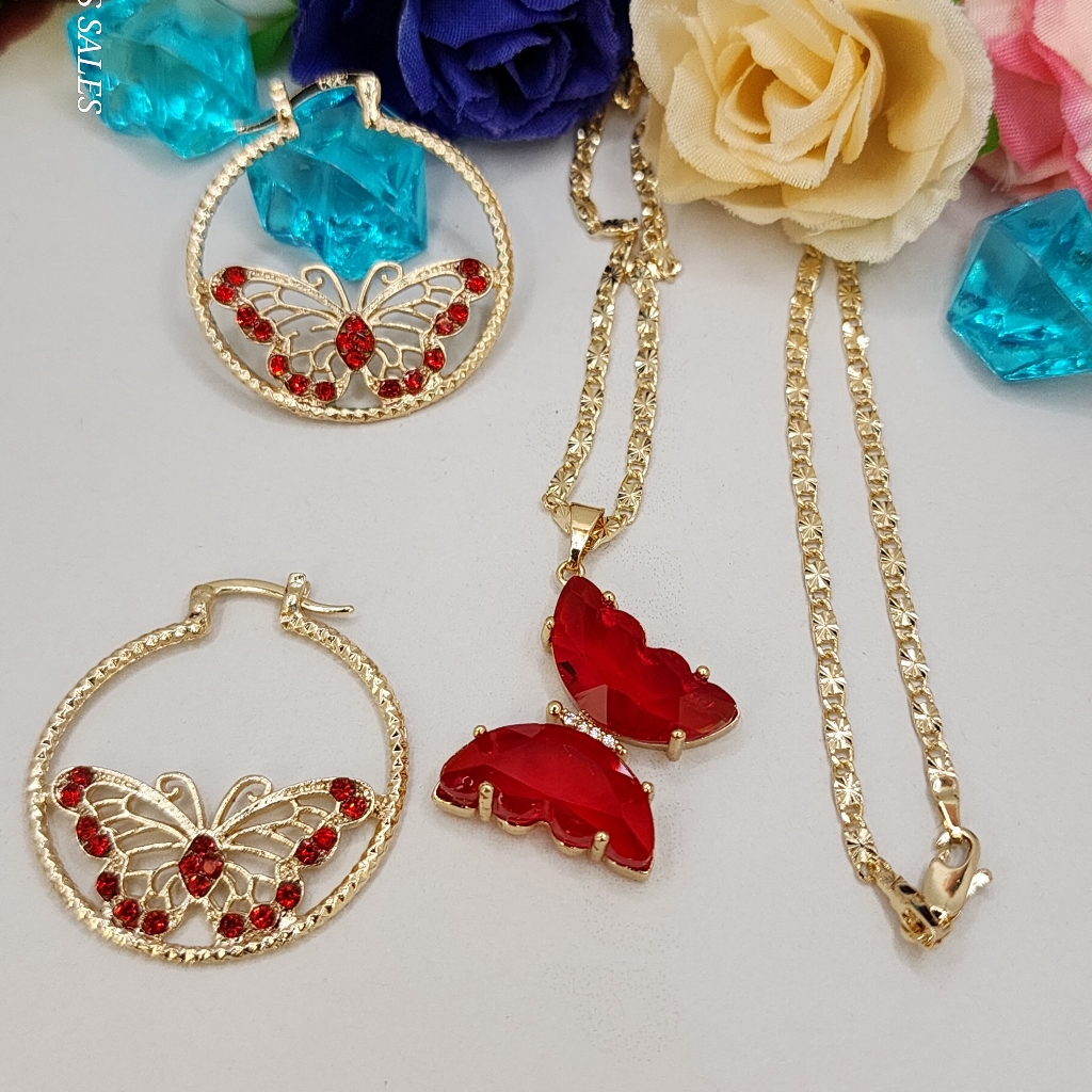 Mothers Day Beautiful Set Red Stones Butterflies Gold-Plated Chain Hoops 27$